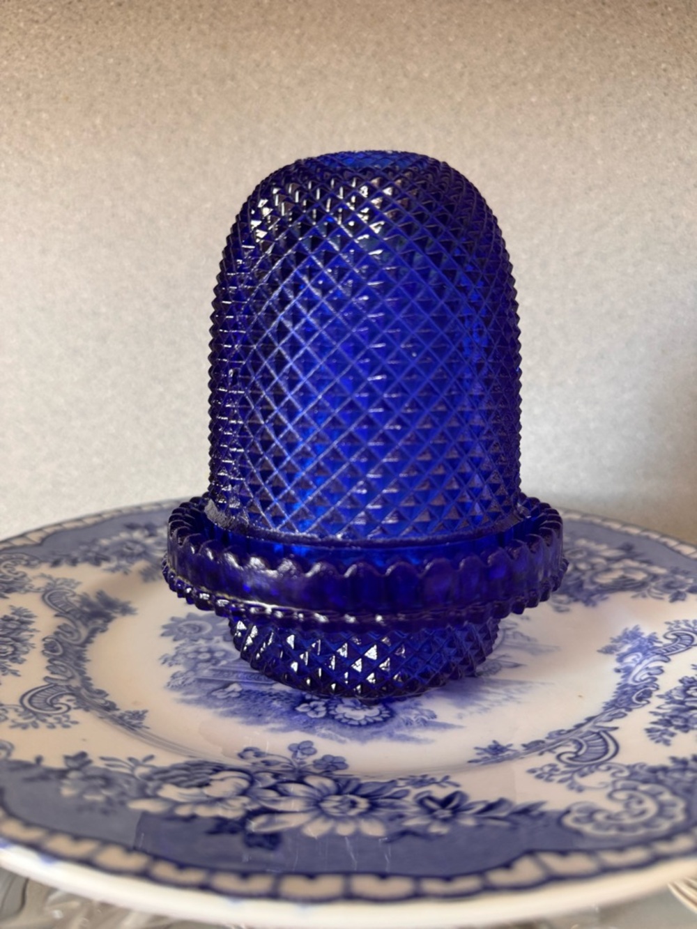 SOLD Diamond Point Blue Glass Fairy Lamp